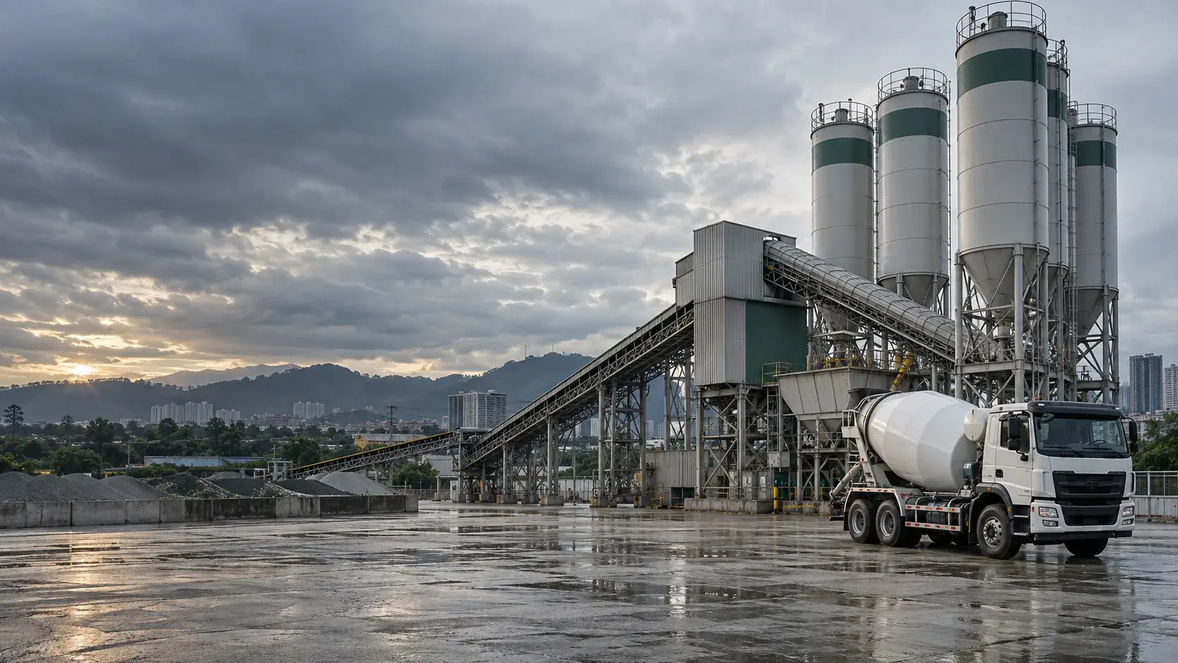 Apex ready-mix concrete batching plant and mixer truck